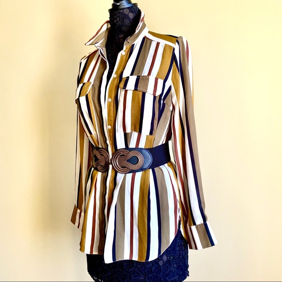 Green Olive White Stripe Long Button-down Blouse 6 - Picture 2 of 16